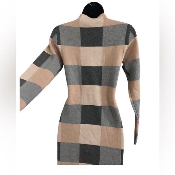 Charcoal grey tan beige checkered mock‎ neck sweater knit dress size large new - Picture 4 of 13
